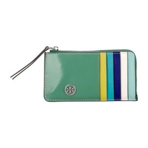 Tory Burch Robinson Spazzolato Top Zip Leather Card Case Green Multi-Color Block